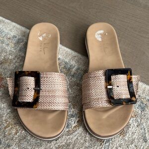Nicole miller Beige Woven Slide Sandals with Tortoise Buckle